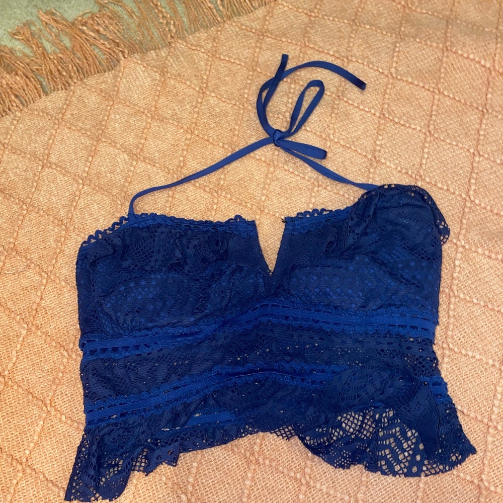 Navy lace halter longline bikini top